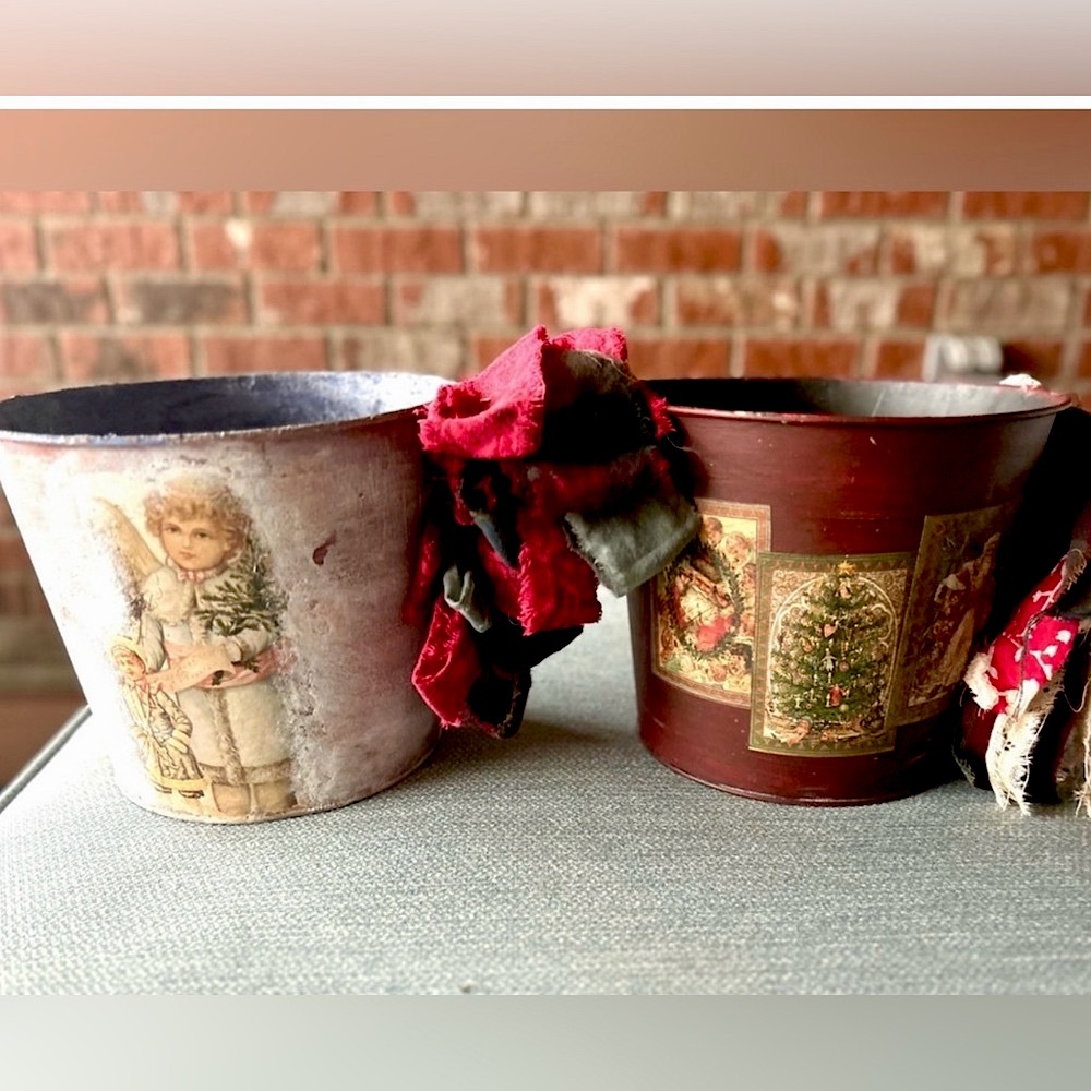 Handmade Rustic Vintage Christmas Pails Baskets planters 6.5 inches